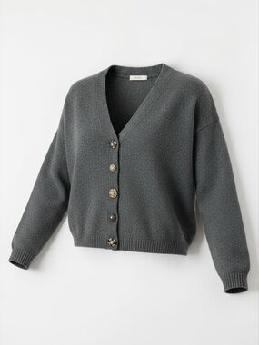 CeCe Dark Gray Cardigan with Decorative Rhinestone Buttons